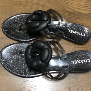 Black Glitter Camellia Flip Flop Sandals